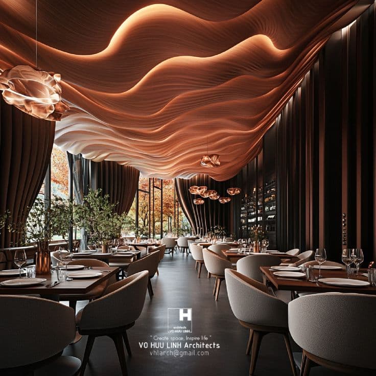 Dining room glowing under a copper wave ceiling