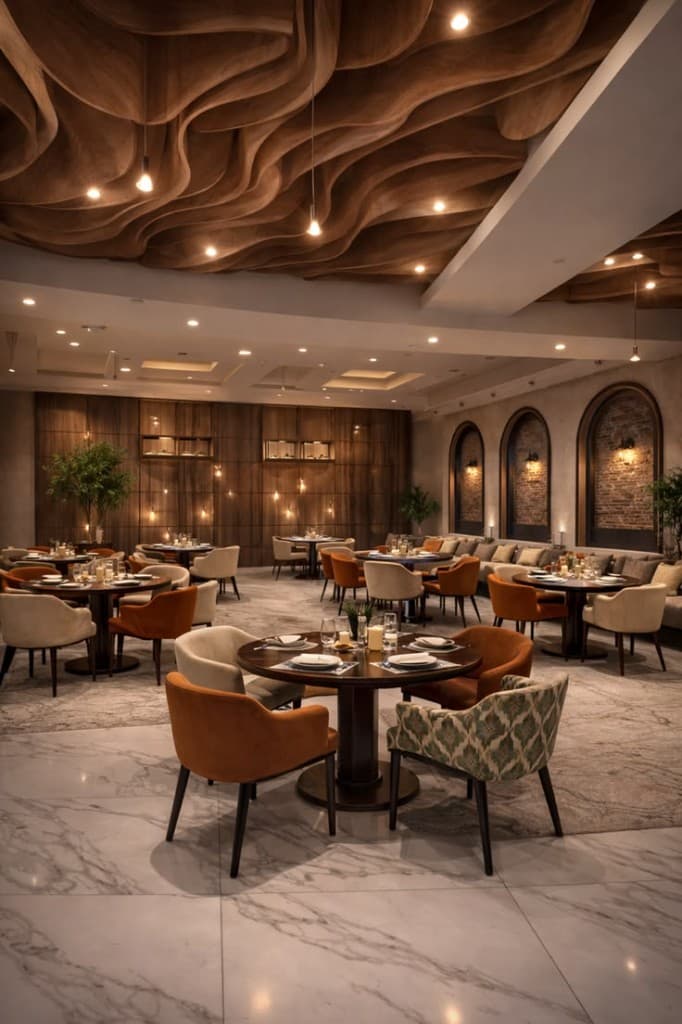 Elegant dining room with marble floors and warm lighting