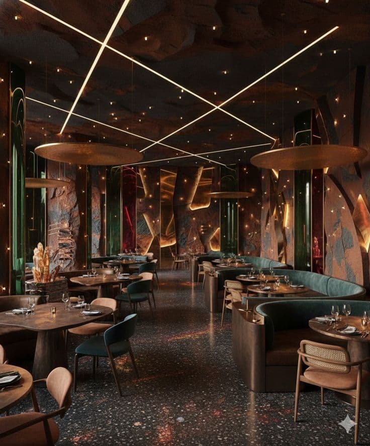 Moody dining room with emerald booths and candlelight