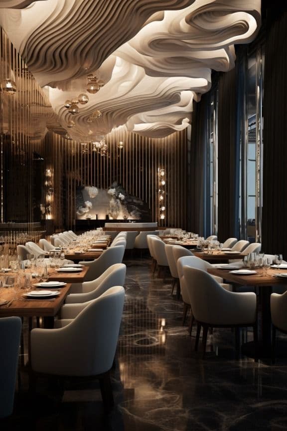 Sleek dining room under a sculptural wave ceiling