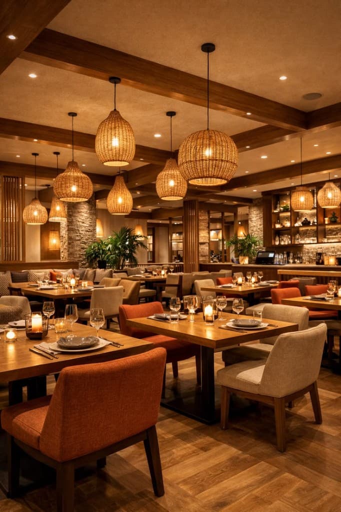 Warm wicker pendant lights over an intimate dinner table